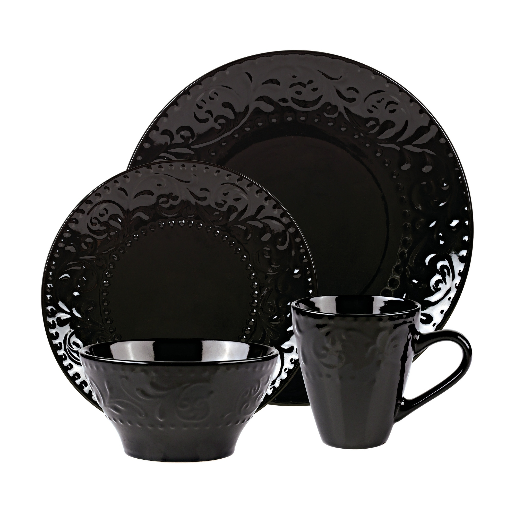 Lorren Home Trends 16 Piece Stoneware Scroll Dinnerware Set-Black