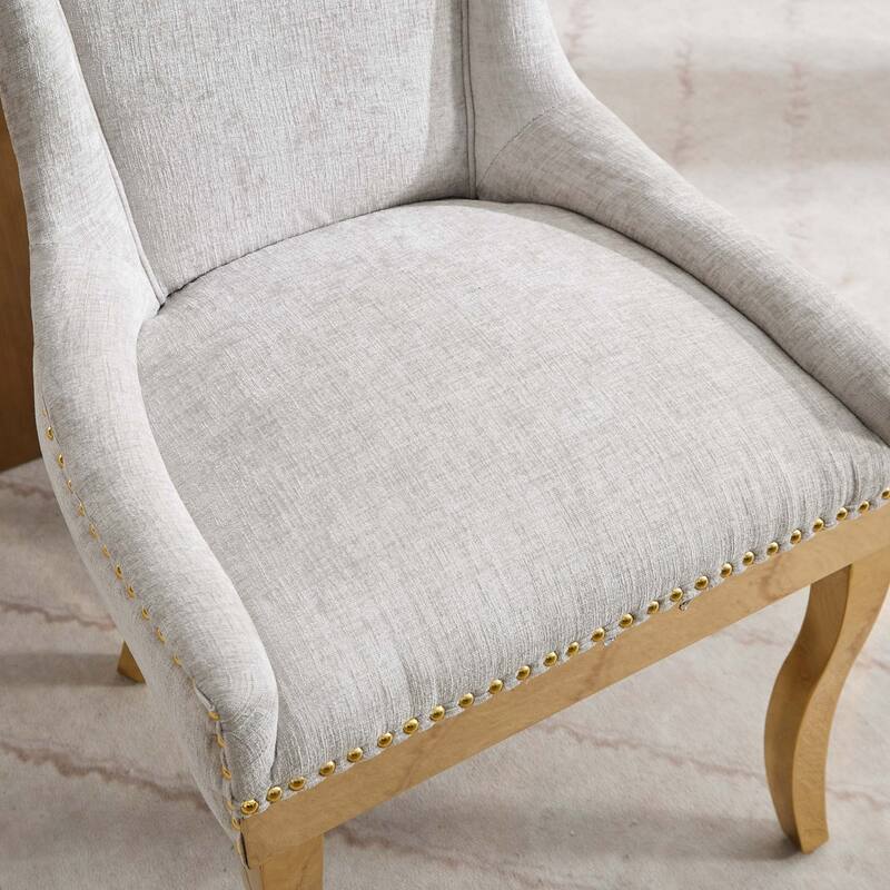 Chenille Dining Chairs,Curved Gold - Plated Legs & Rivet Trim,Accent Seating With Textured Fabric&One-Piece Structure,Set Of 2