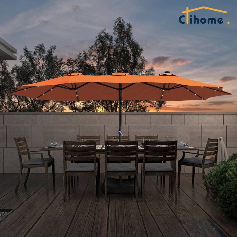 Clihome 15FT Double-Sided Solar Light Market Crank Umbrella with Base