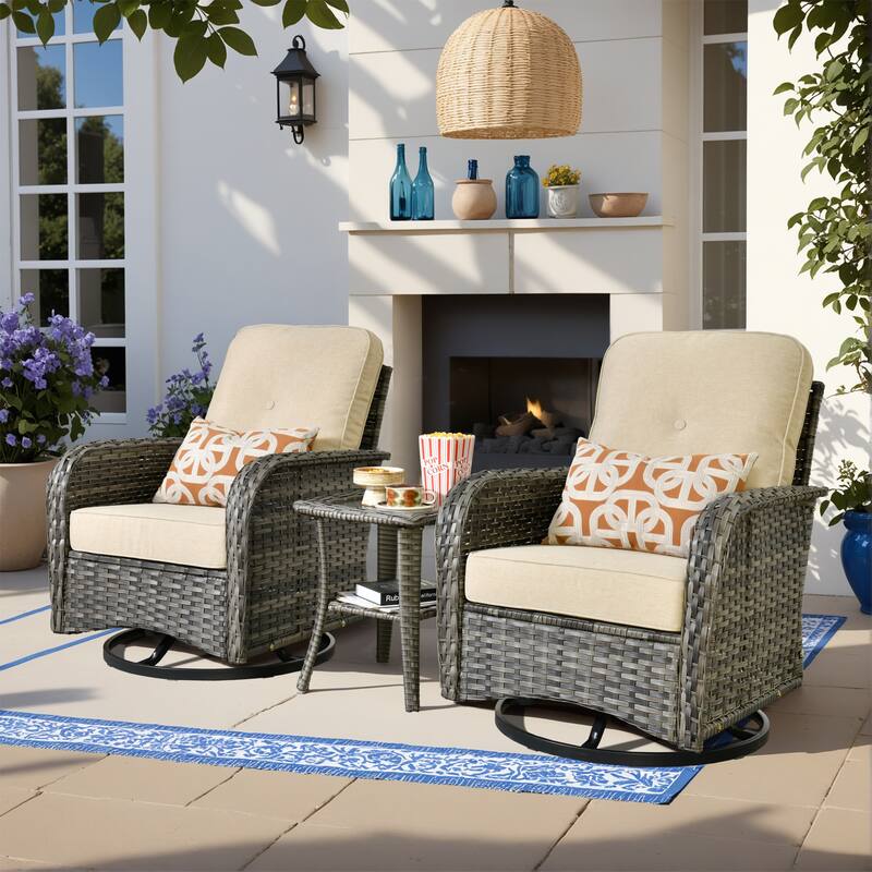 HOOOWOOO 3-piece Grey Wicker Patio Swivel Rocking Chair Set - Beige