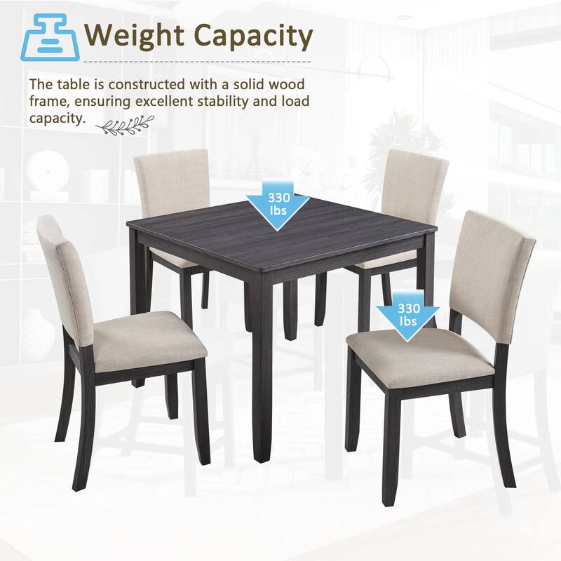 5-Piece Wooden Dining Set with Square Table and 4 Upholstered Chairs, Kitchen Table Set with Scratch-Resistant Tabletop