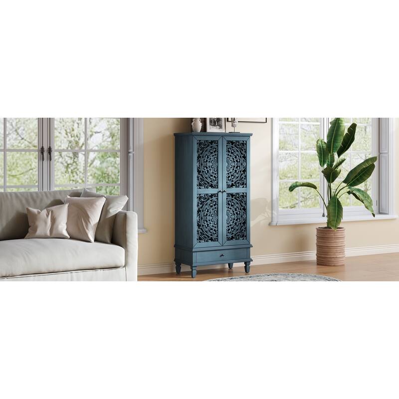 Carved Accent Cabinet Kitchen Pantry Cabinet with Doors, 55" Tall Storage Cabinet with Solid Wood Legs