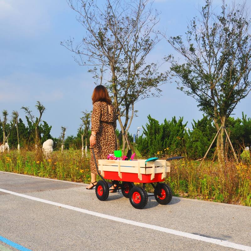 All-Terrain Yard Cart - Adjustable Handle, Large Capacity, Steel and Wood Construction with 180° Steering - Metal