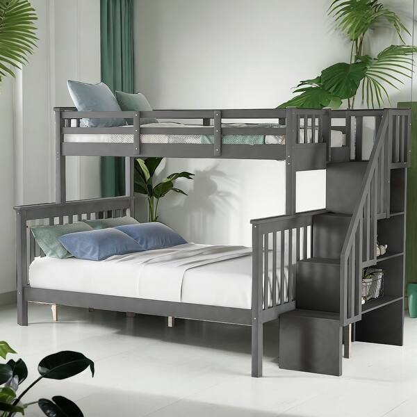 slide 2 of 13, Stylish Twin-Over-Full Bunk Bed with Trundle, Storage Staircase and Guardrail for Bedroom, Stable and Safety, Grey Grey