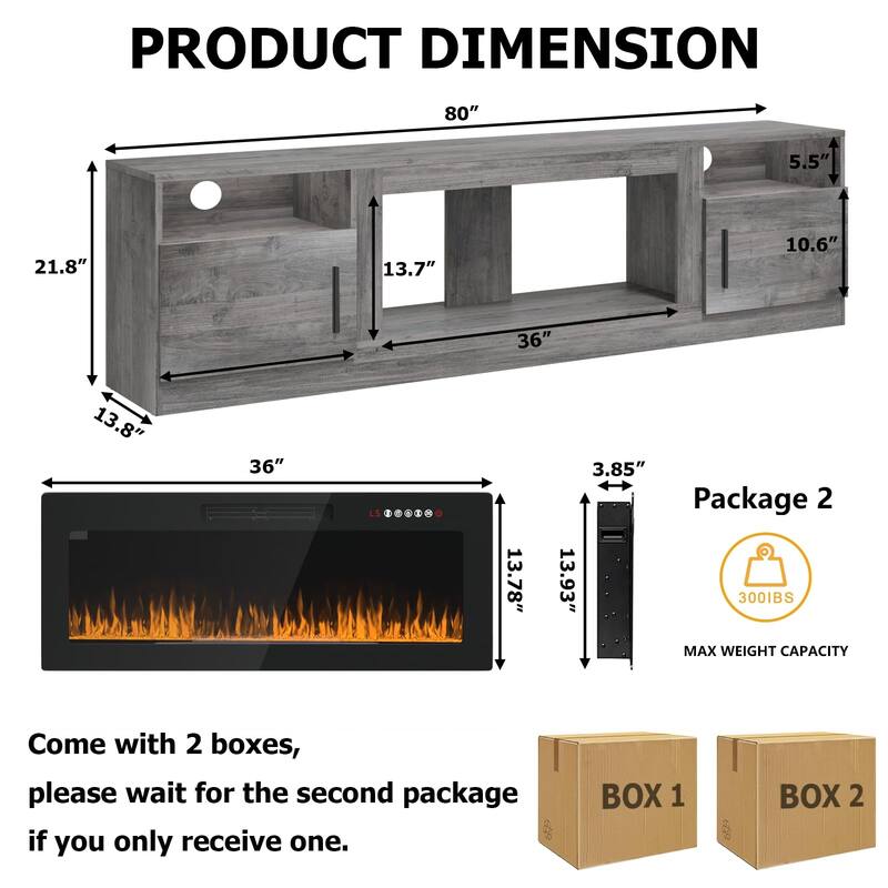 80" Modern Electric Fireplace TV Stand with 20-Color LED Lights, Fits Up to 90" TV, Adjustable Shelves & Cable Management