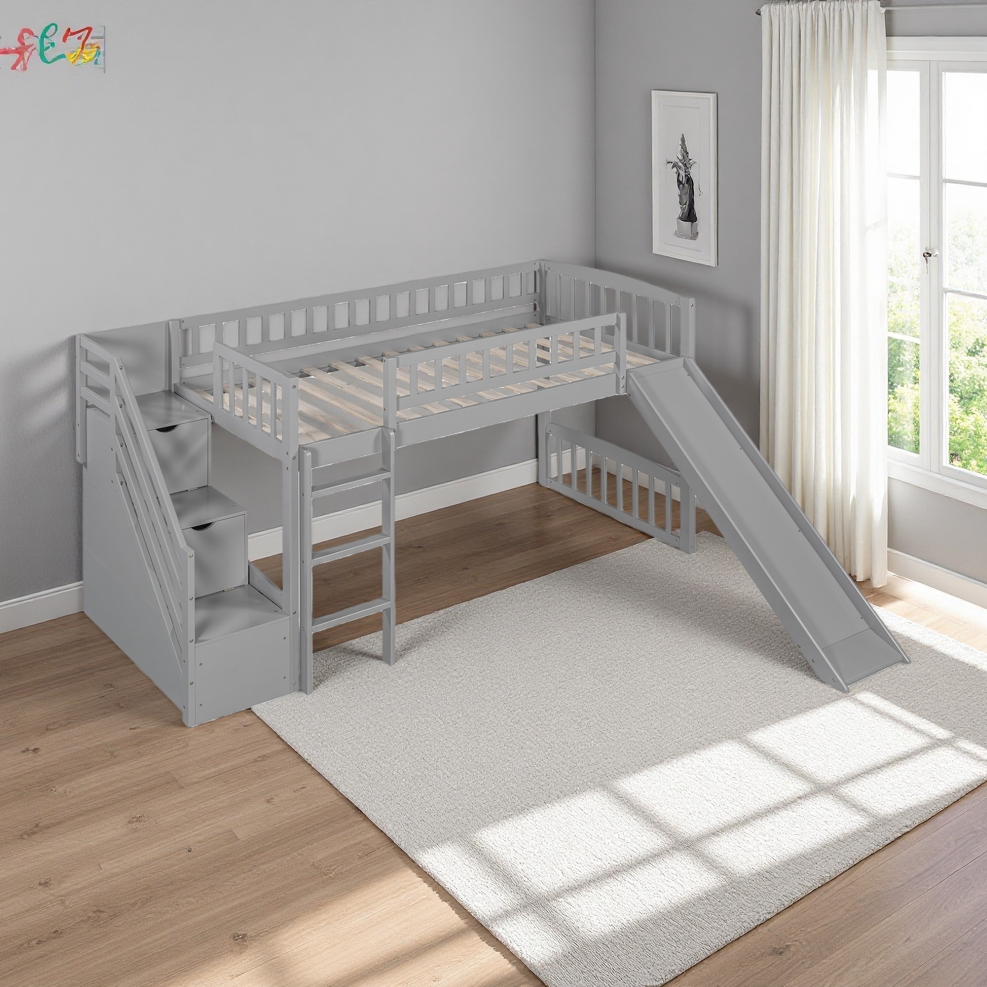 Twin Size Wood Loft Bed with Staircase, 2 Drawers and Slide