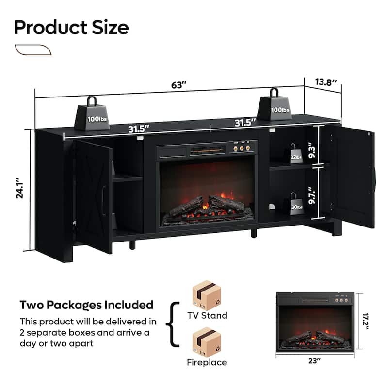 Bestier 63" Fireplace TV Stand for TVs, Farmhouse Barn Door Entertainment Center with Electric Heater, Adjustable Shelves