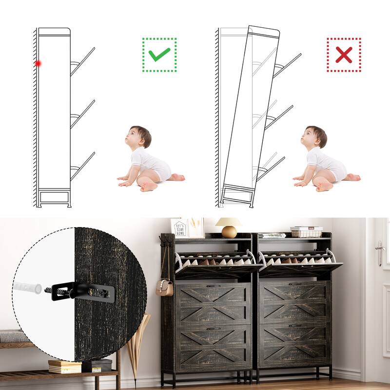 Anmytek Industrial Farmhouse 3 Drawer Shoe Cabinet with Adjustable Legs and Anti Tip Kit