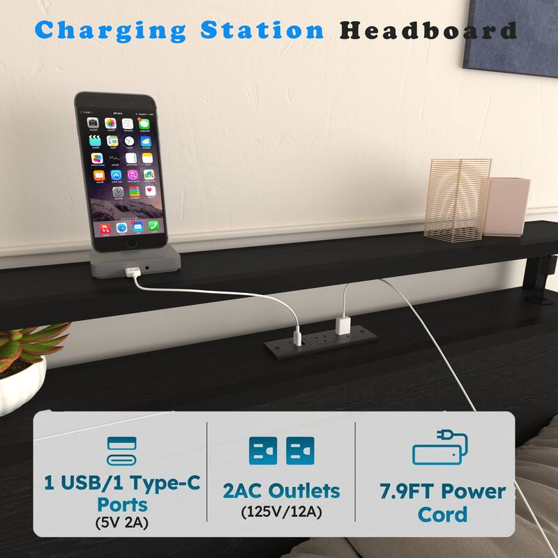 Twin Bed Frame with Storage Headboard, Charging Station, LED Lights, and 4 Storage Drawers - No Box Spring Needed