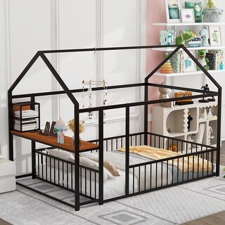 Full Size Metal House Bed Frame with Integrated Desk, Dual Shelving, Built-In Power Outlets and USB Ports