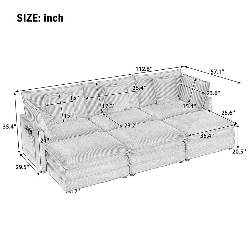 112.6" Corduroy Modular Sectional Sofa with 3 Movable Ottomans, Side Storage Pockets, and Two-Layer Foam Cushions