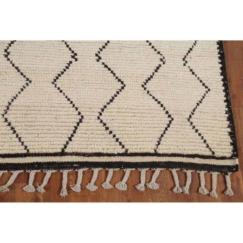 All-Over Geometric Ivory Moroccan Area Rug Handmade Wool Carpet - 6'2"x 9'3"