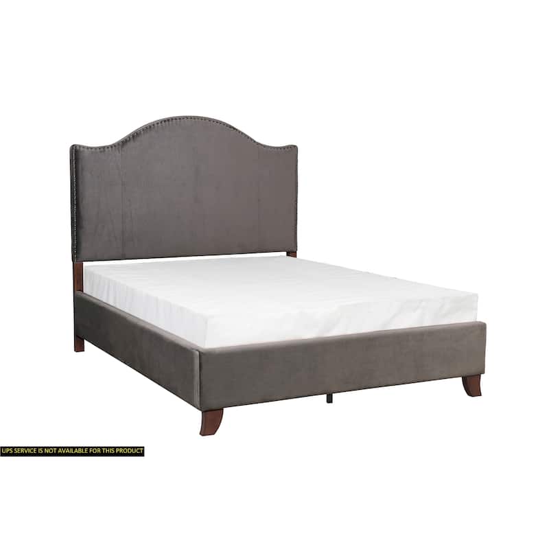 Gray Velvet Upholstered Full Bed with Camelback Headboard and Nailhead Trim