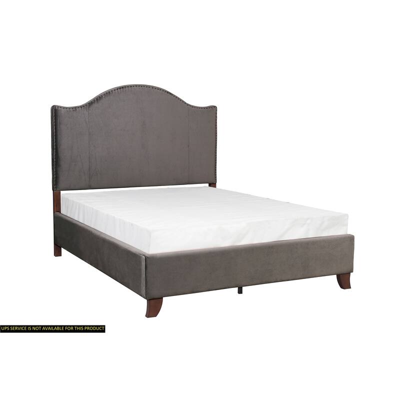 Queen Size Velvet Upholstered Panel Bed with Camelback Headboard and Nailhead Trim