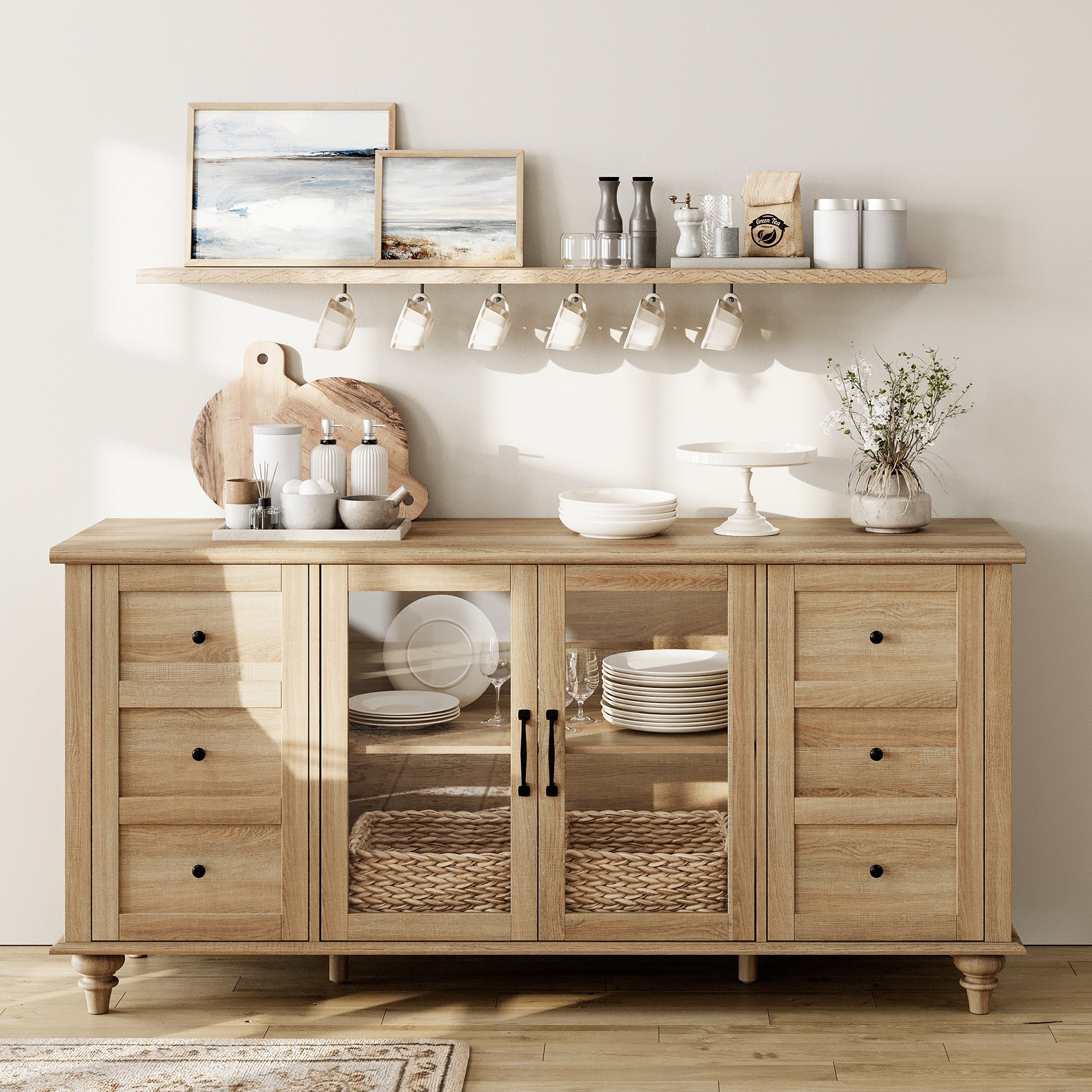 Farmhouse Sideboard with Glass Door, Buffet & cabinet for Kitchen
