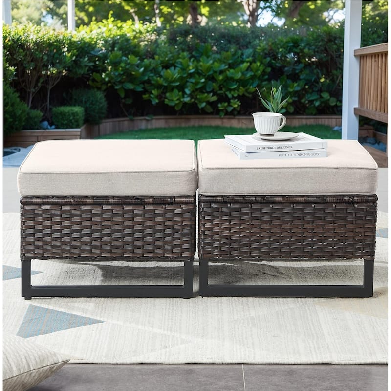 Gymojoy Outdoor Rattan Wicker Ottoman Seat - Brown - Beige