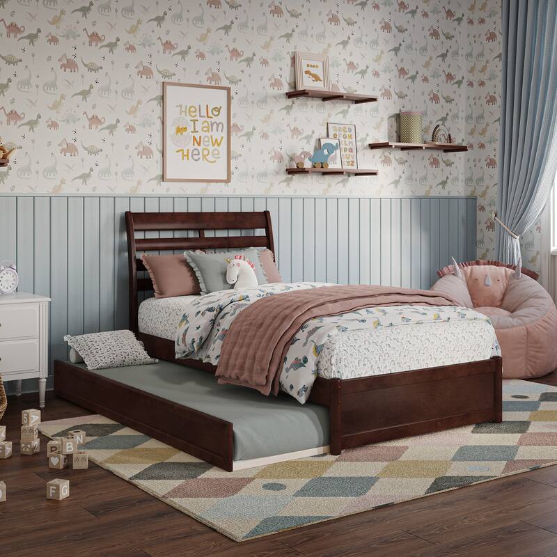 Emelie Platform Bed with Panel Footboard and Twin Trundle - Walnut - Twin