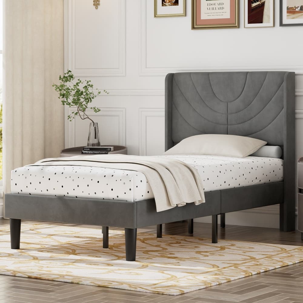 Javlergo Adjustable Dark Grey Platform Bed Frame with Modern Wingback Headboard No Box Spring Needed Heavy Duty Bed Frame