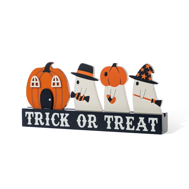 Glitzhome 18"L Happy Halloween Wooden Metal Dancing Witch or Ghost Countdown Calendar Table Decor