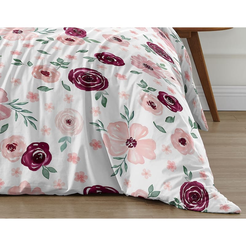 Burgundy and Pink Watercolor Floral Girl 2pc Twin Comforter Set - Blush Maroon Wine Rose Green Shabby Chic Flower Farmhouse