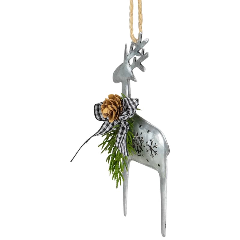 6.25" Silver Metal Reindeer Christmas Ornament with a Gingham Bowtie and Pine