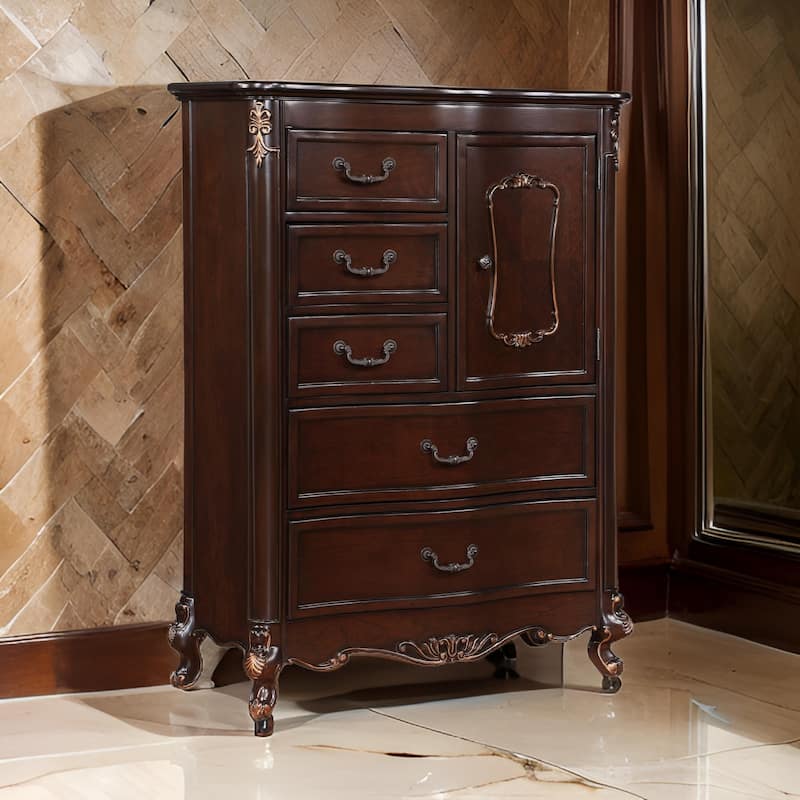 Leon 56 Inch Tall Dresser Chest, 5 Drawer, Cabinet, Grooved, Gold, Brown