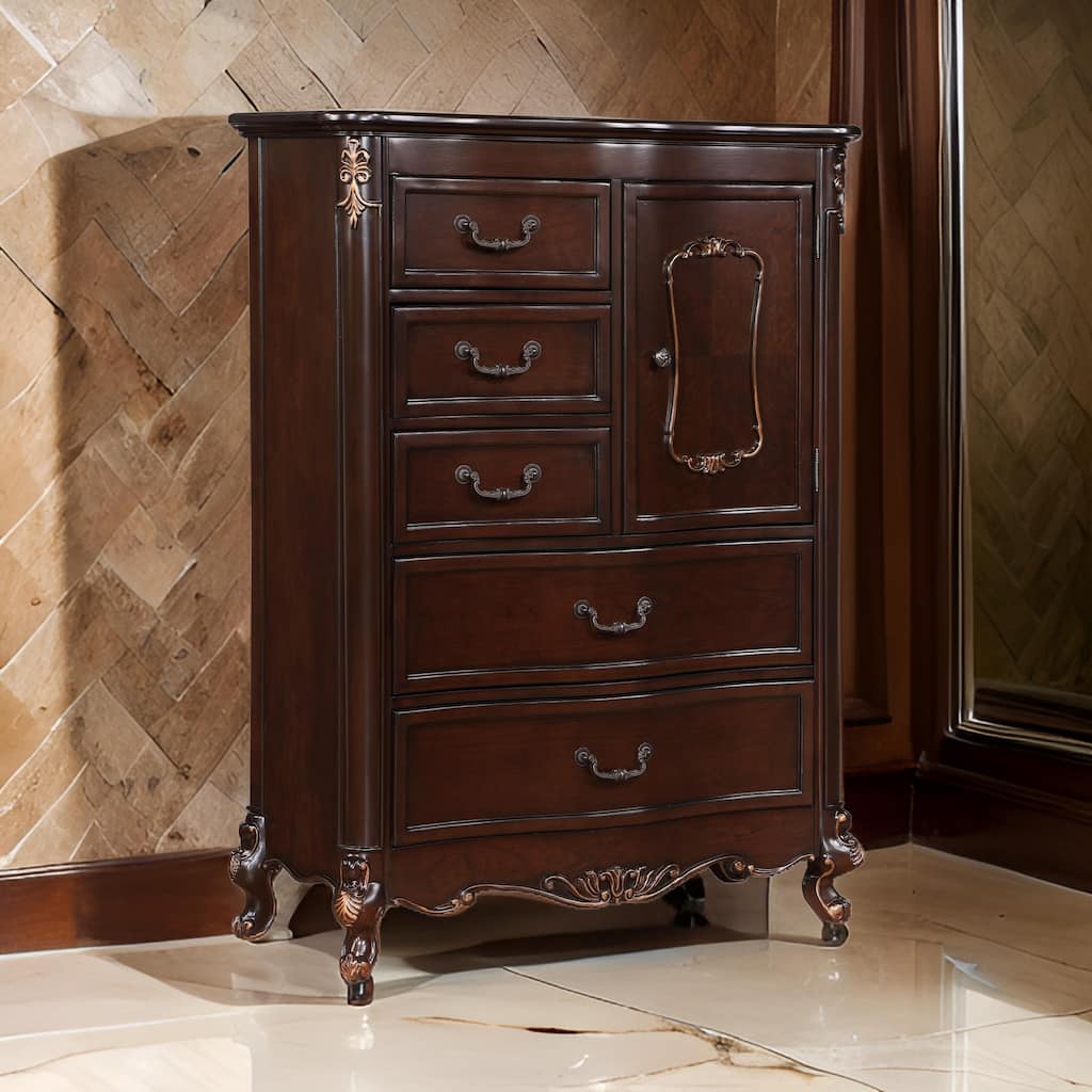 Leon 56 Inch Tall Dresser Chest, 5 Drawer, Cabinet, Grooved, Gold, Brown
