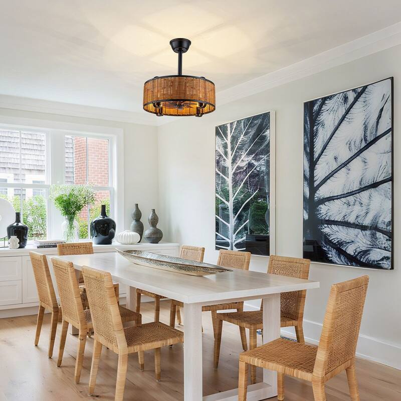 18.5 in. Farmhouse Rattan Ceiling Fan Chandelier with Remote - Black