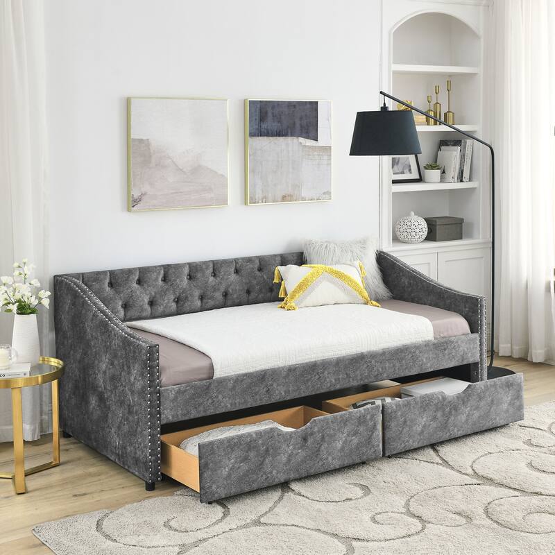 Roomfitters Twin/Full/Queen Upholstered Daybed with Tufted Backrest, Nailhead Trim and Underbed Storage Trundle, Grey