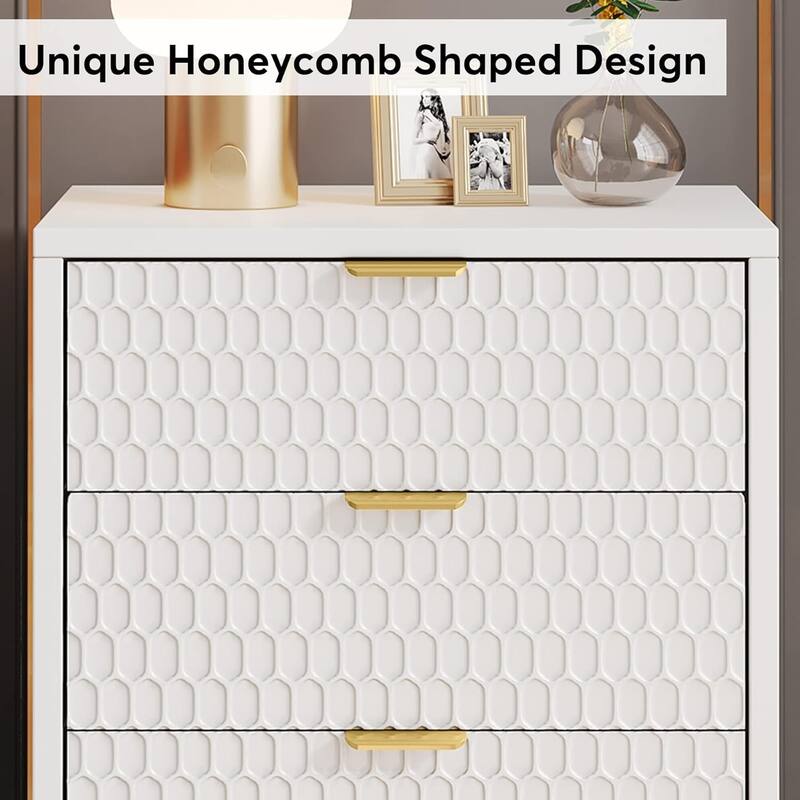 19.7-Inches Modern White and Gold 3-Drawer Nightstand