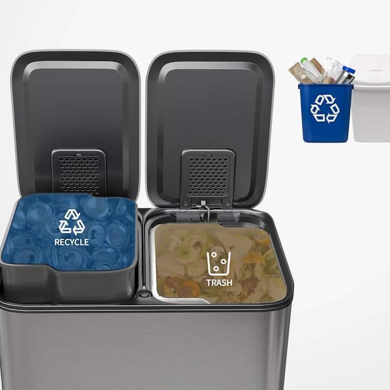 2 x 10.6 Gal Double Trash Can, Stainless Steel Dual Compartment Step-On Trash Can for Kitchen