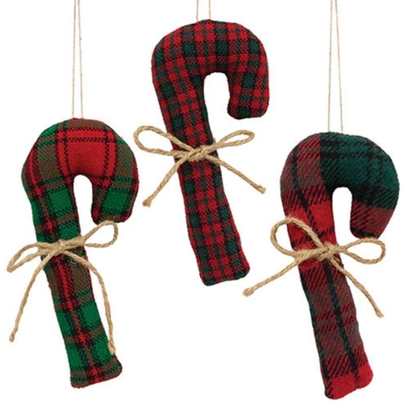 Stuffed Red and Green Plaid Candy Cane Plush Christmas Ornament with Jute Bow Holiday Decor - 3 Asstd - Green-Red