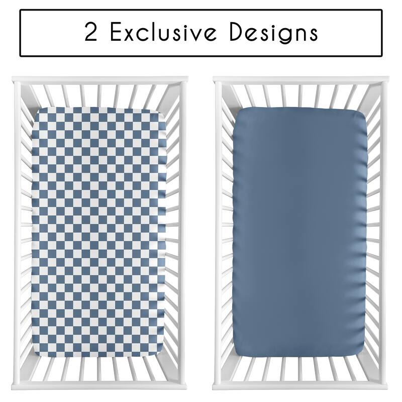 Sweet Jojo Designs Blue Gingham Checkered Plaid Boy 2 Pack Fitted Crib Sheets - Solid Steel and Vintage Classic Checkerboard