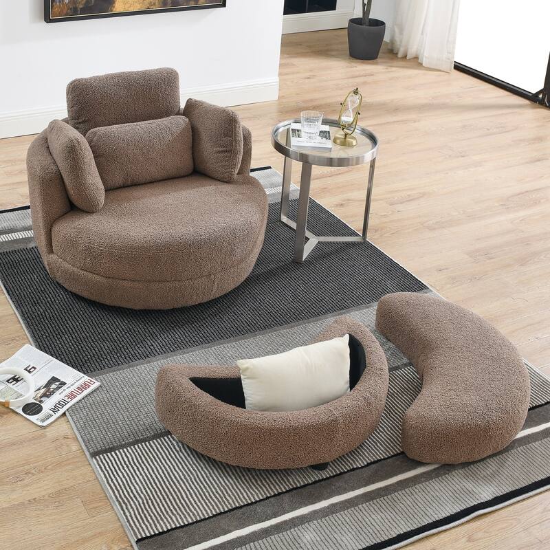 Oversized Teddy Fabric Swivel Barrel Chair with Moon Ottoman & 4 Pillows
