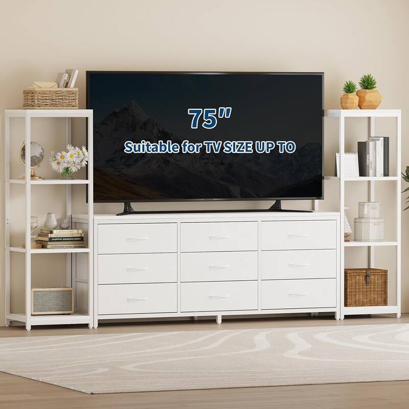 Entertainment Center TV Stand with 9 Drawers and Bookshelves for Living Room