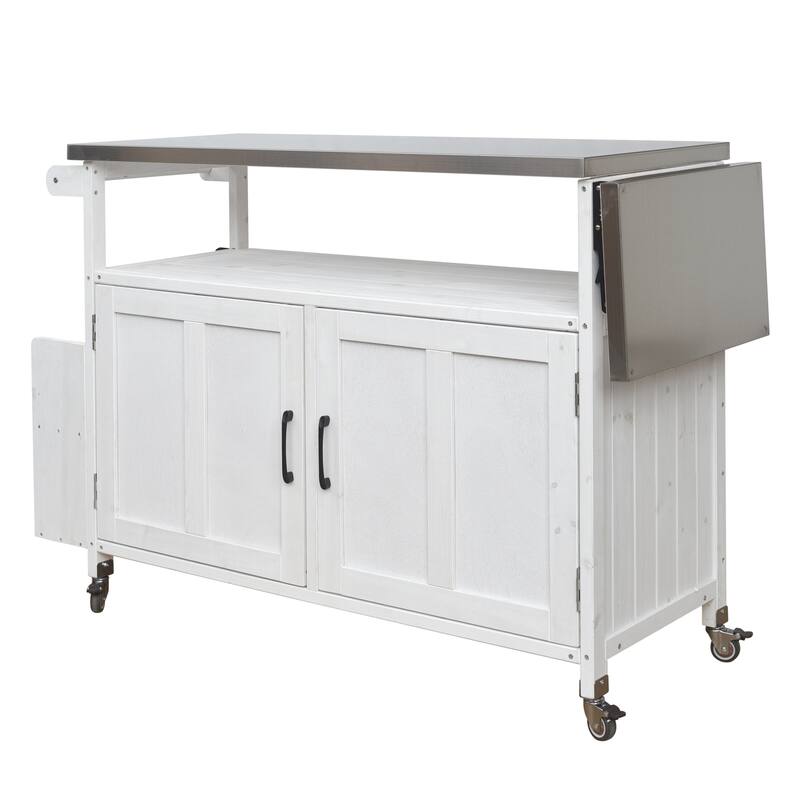 Foldable Outdoor Mobile Portable Kitchen Island Cart with Lockable Wheels, Storage Cabinet and Towel Rack