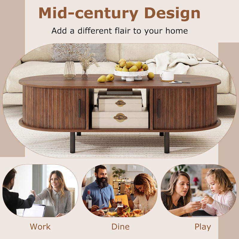 Costway 48" Mid Century Center Table with Sliding Fluted Doors & Open - See Details