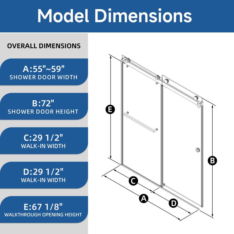 59 in. W x 72 in. H Sliding Frameless Shower Door with Tempered Glass - 59" x 72"