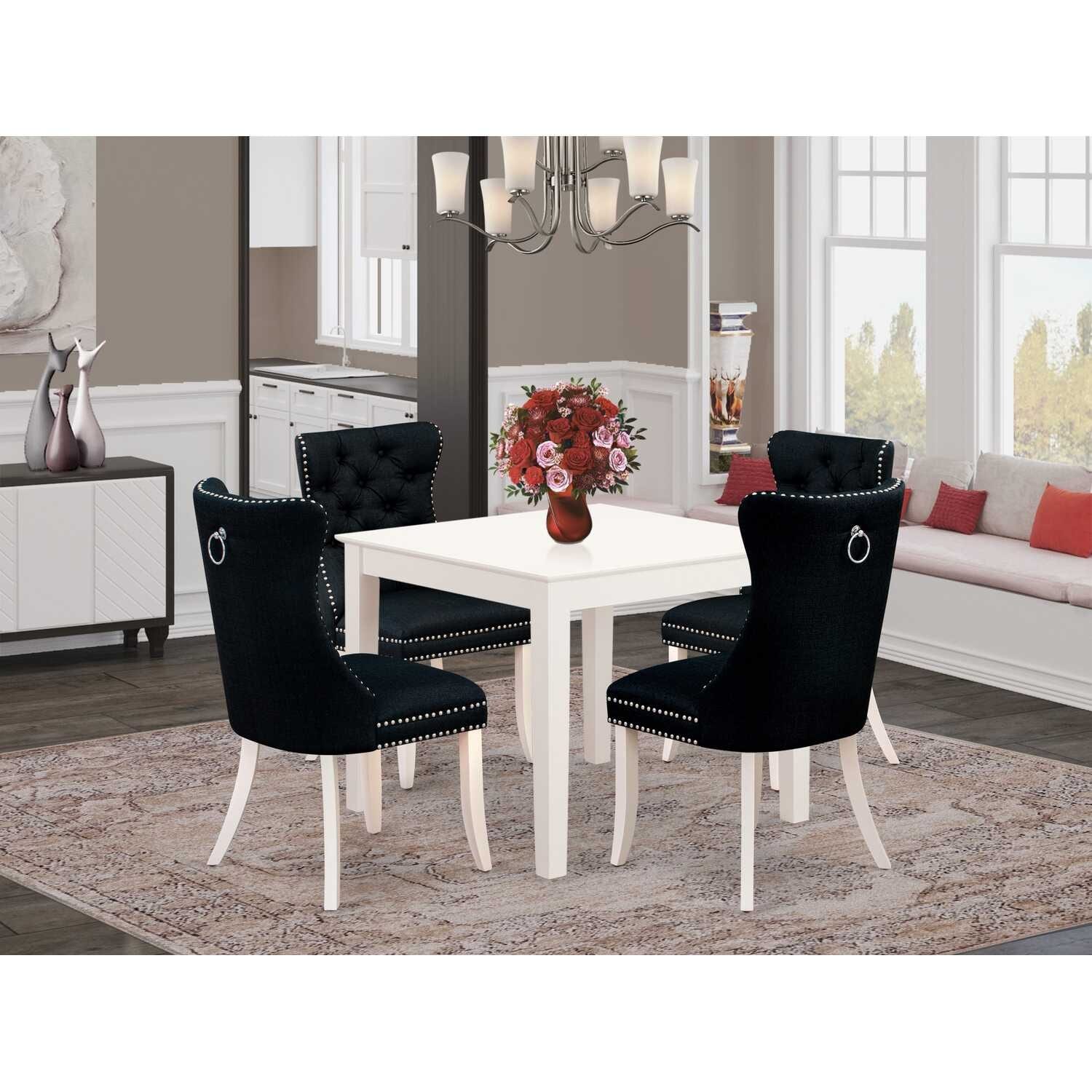 5-Piece Linen White Finish Solid Wood Top - Square Upholstered Dining Room Set - Seats 4