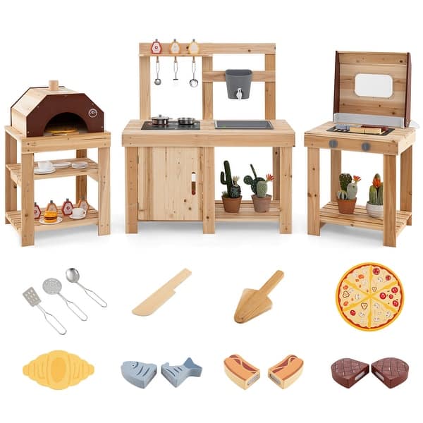 slide 2 of 6, 3 PCS Mud Kitchen & Kids Grill Playset Wood Pretend Play Set - 3 pcs 3 pcs
