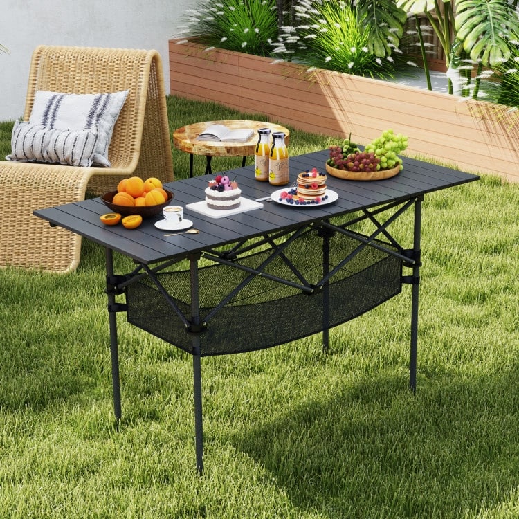 Aluminum Patio Folding Camping Table with Bag and Mesh Basket - 47" x 22" x 27" (L x W x H)