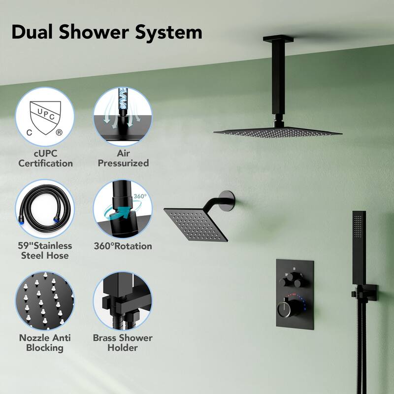 Dual Heads 12" Rainfall Shower head & High Pressure 6" Shower System w/ 3 Way Thermostatic Faucet