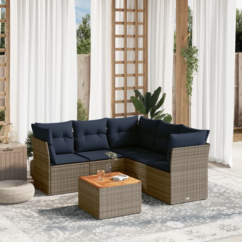 vidaXL Patio Sofa Set with Cushions Outdoor Furniture 6 Piece Poly Rattan - 24.4" x 24.4" x 27.2" - Gray - form1