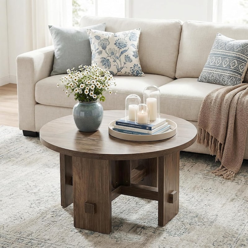 31.5-Inch Round Coffee Table with Pedestal for Living Room - Brown