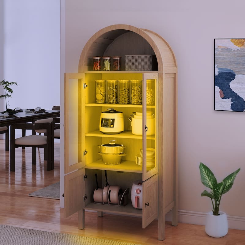 Moasis 71 Inch Tall Arched Display Cabinet with LED Lighting and Glass Doors for Living Room or Dining Room Storage