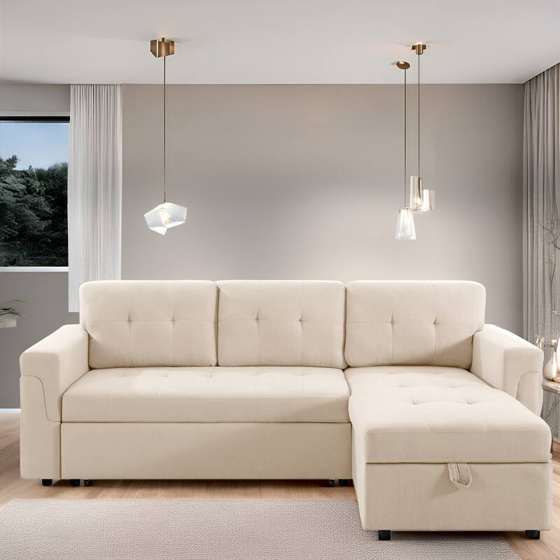 Convertible Reversible Sectional Sofa with Pull-Out Sleeper Bed, Hidden Storage Chaise, and Durable Legs - Beige,Velvet