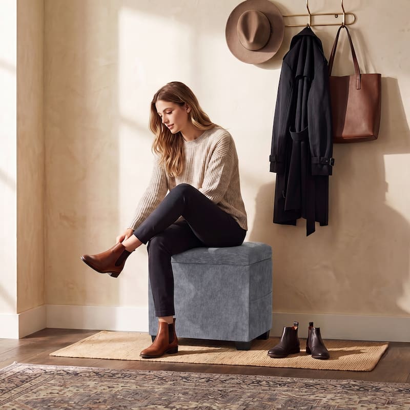 Adeco 16" W Upholstered Rectangle Storage Ottoman with Tray and Pocket