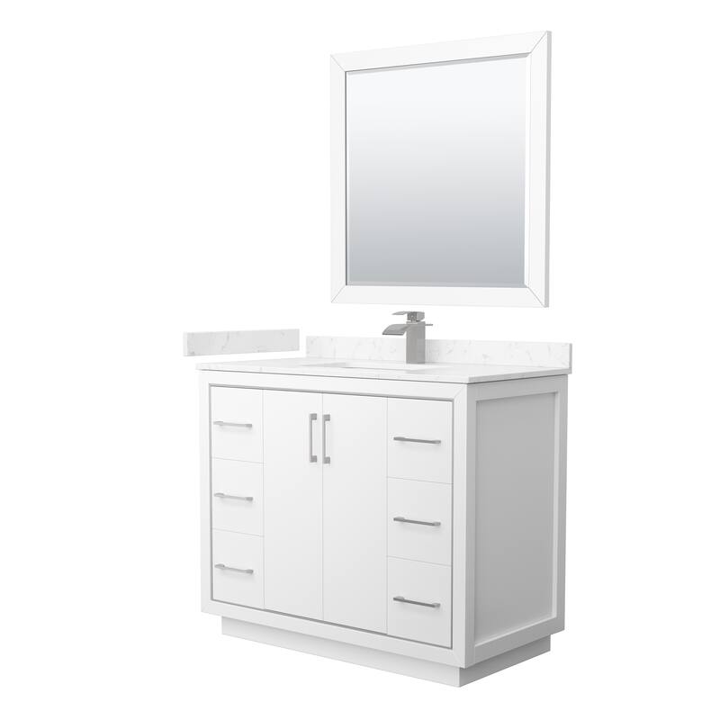 Icon Single Vanity Set, Cultured Marble Top, 34-Inch Mirror - White, Nickel Trim,Carrara Cultured Marble Top