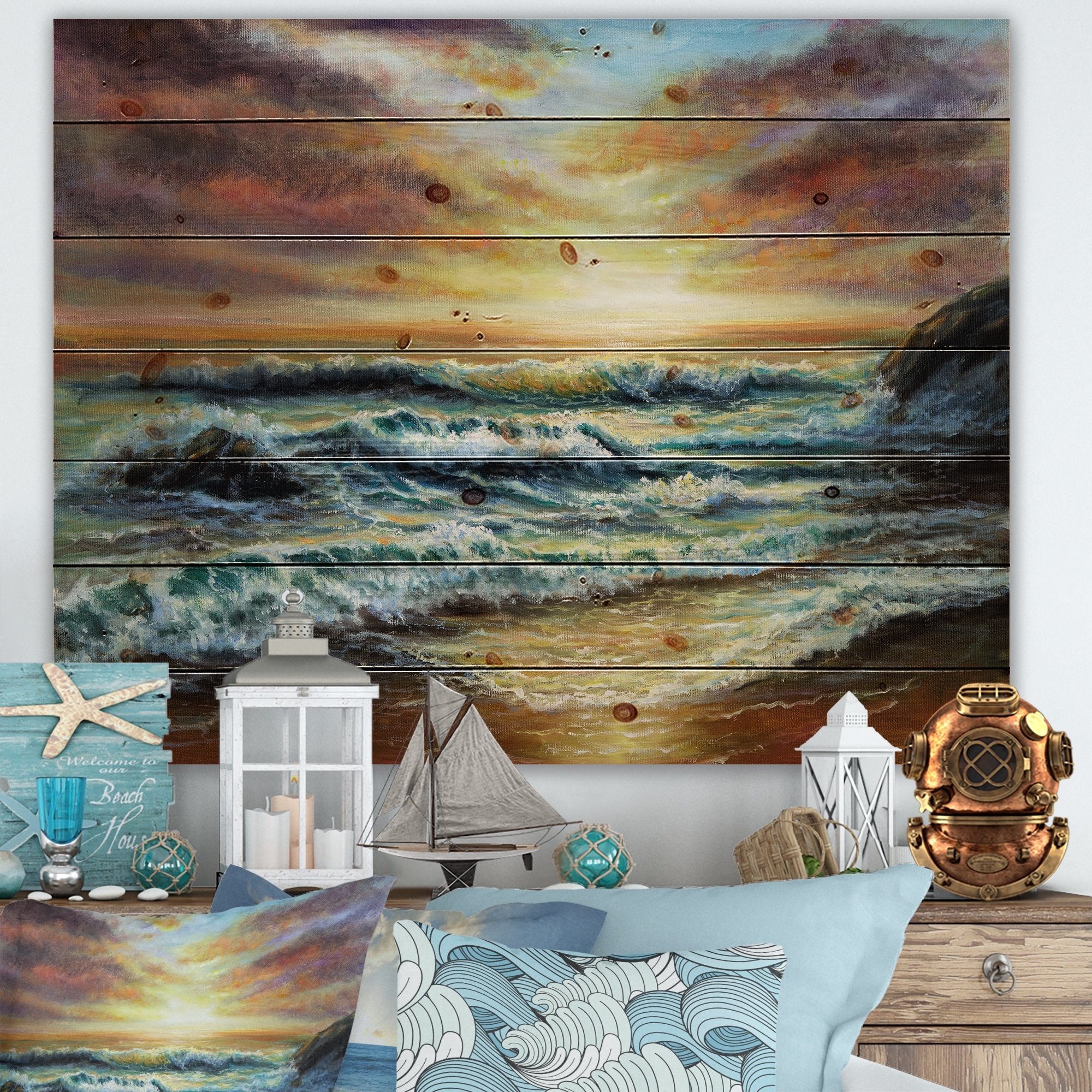 Designart 'Magnificent Sunset Over Blue Wild Wave Ocean'-image