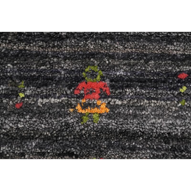 Hand Knotted Oriental Viscose Silk Carpet Tribal Animal Pictorial Greys & Charcoal Gabbeh Runner Rug - 11' 9'' X 4' 1''